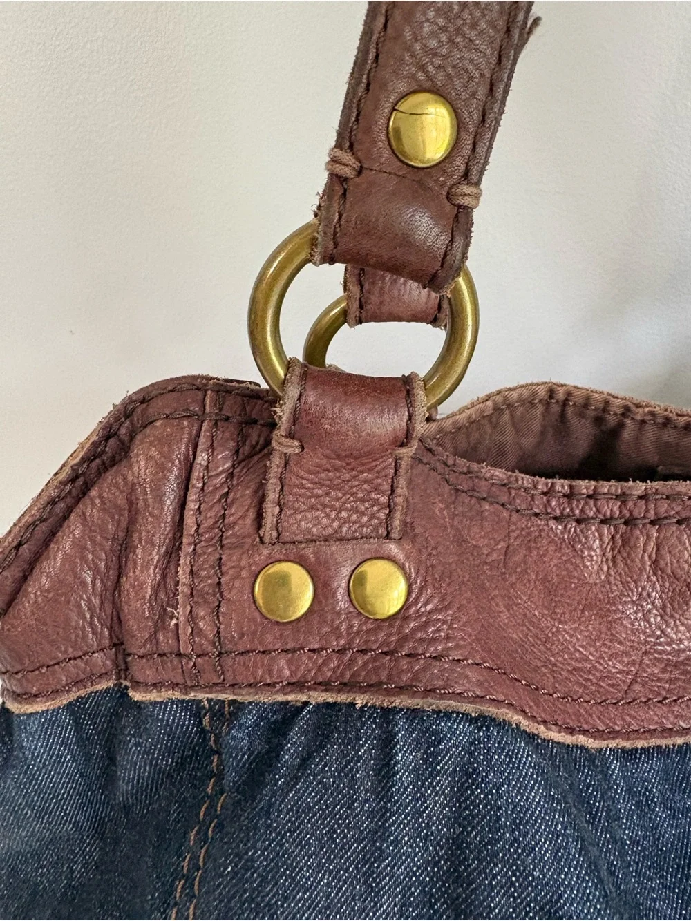 Lucky Brand Vintage Y2K Denim Leather Slouchy Hobo Shoulder Bag Tote Carnaby St